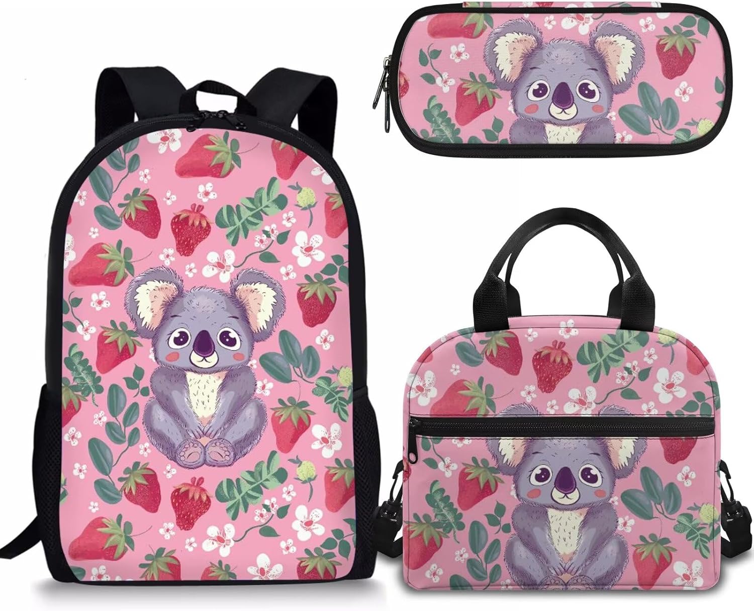 Rnyleeg Girls Cute Backpack Set with Lunch Tote Bag Pencil Holder,3Pcs Kawaii Girls Strawberry Koala Animal Print Preschool Elementary Backpacks for Toddler Children