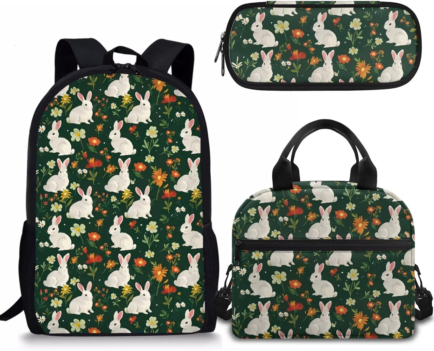 Rnyleeg Girls Cute School Bag Kawaii Bunny Backpack Set,Kids Primary Elementary Bookbag Set with Lunch Box and Pencil Holder,3PCS