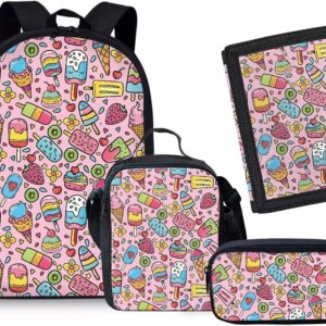 Rnyleeg Girls Kawaii Backpack Cute Ice Cream Print Kids Preschool Elementary School Bag Backpacks and Lunch Box,Lightweight Toddler Backpack with Pencil Case Trifold Wallets,4 In 1