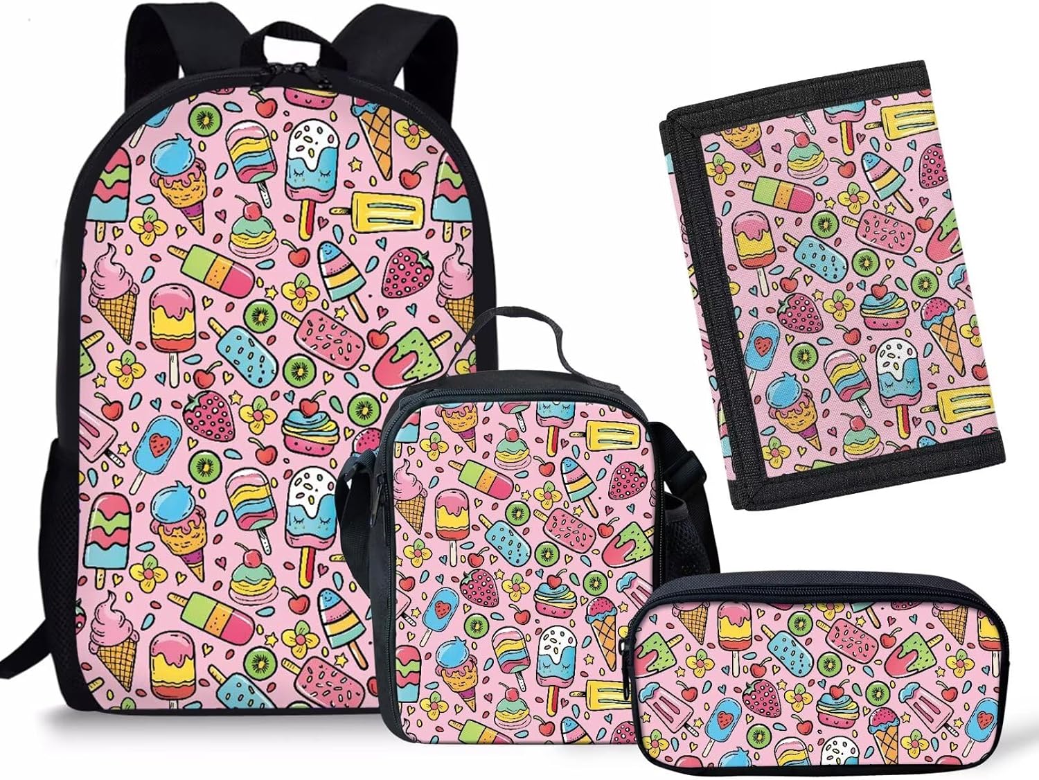 Rnyleeg Girls Kawaii Backpack Cute Ice Cream Print Kids Preschool Elementary School Bag Backpacks and Lunch Box,Lightweight Toddler Backpack with Pencil Case Trifold Wallets,4 In 1