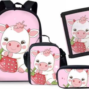 Rnyleeg Girls Kawaii Backpack Strawberry Cow Print Cute School Bag Bookbag for Preschool Kindergarten Lunch Bag Pencil Box and Toddler Tifold Wallets,4 In 1