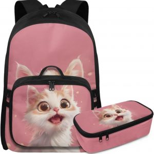 Rnyleeg Kawaii Cat Backpack for Kids 8-12 with Lunch Box Pink Girls Backpack Ages 6-8 Lightweight 3 Piece School Bag Set for Primary School Casual Travel Bookbag