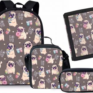 Rnyleeg Kawaii Pug Dog Backpack for Girls Toddler Preschool Backpacks Pink Donut Schoolbag Bookbag Set with Tri-Fold Wallets,Lunch Bag&Pencil Holder,4 In 1