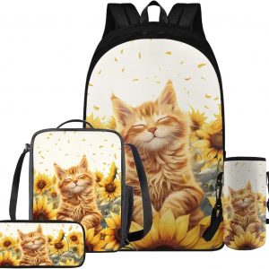 Rnyleeg Sunflower Cat Bookbag for Kids Ages 8-12 Kawaii Girls Backpack with Lunch Box Lightweight Kids School Bag Set 4 Pcs for Primary Middle Back to School Gifts