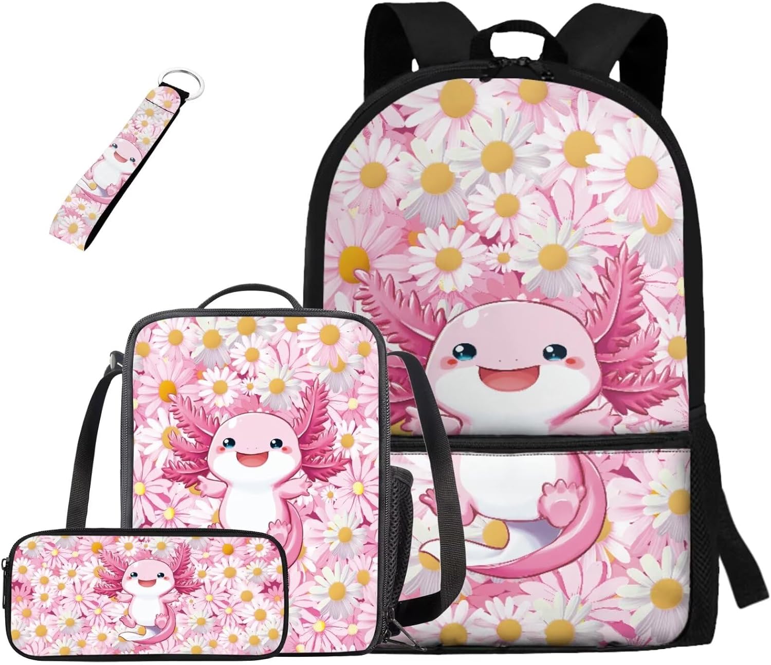 Rshubino Daisy Axolotl Kawaii Backpack for Girls Large Capacity School Bag with Lunch Box Set 4 Pieces Kids Bookbag for Primary School Travel Knapsack
