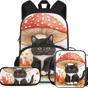 Rshubino Kawaii Cat Bookbag for Girls Mushroom Backpack for School 3 Pcs Girls School Bag with Lunch Bag for Toddler Casual Travel Daypack Rucksack