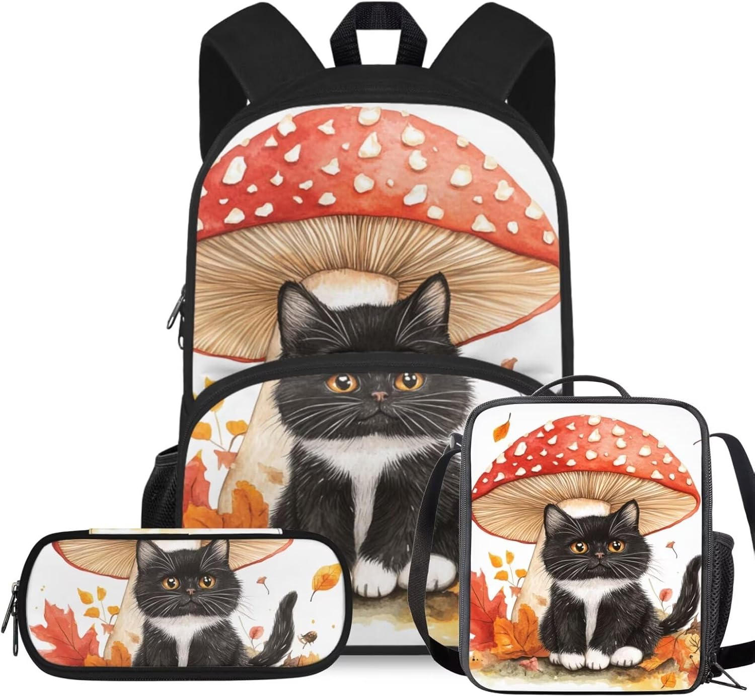 Rshubino Kawaii Cat Bookbag for Girls Mushroom Backpack for School 3 Pcs Girls School Bag with Lunch Bag for Toddler Casual Travel Daypack Rucksack