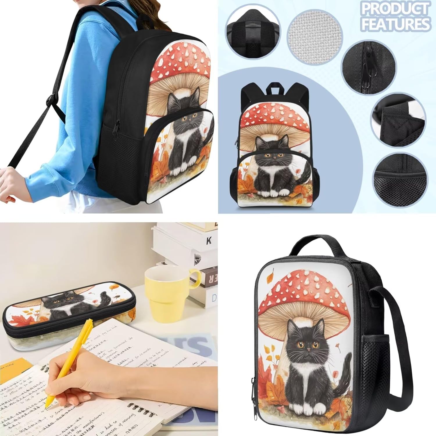 Rshubino Kawaii Cat Bookbag for Girls Mushroom Backpack for School 3 Pcs Girls School Bag with Lunch Bag for Toddler Casual Travel Daypack Rucksack - Image 5