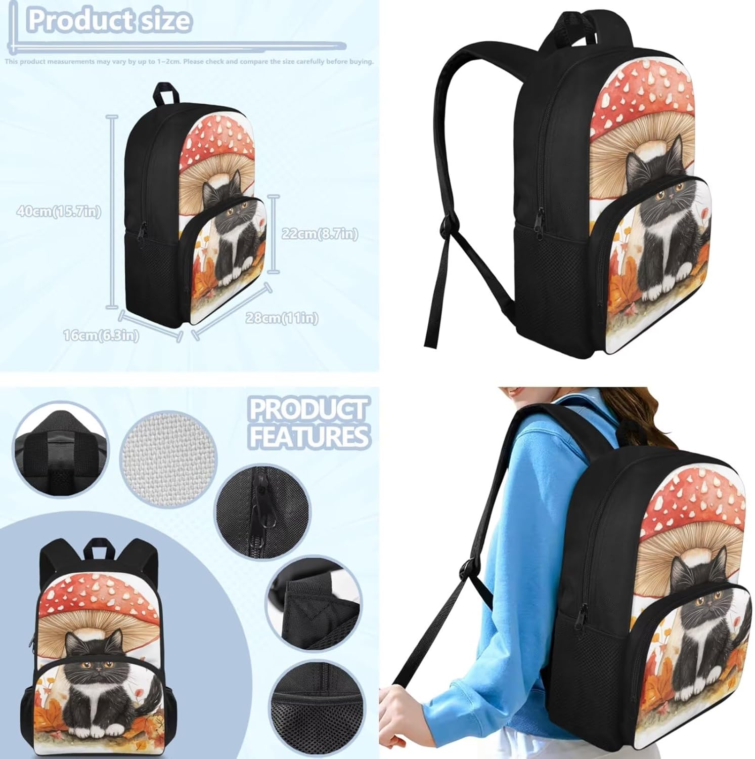 Rshubino Kawaii Cat Bookbag for Girls Mushroom Backpack for School 3 Pcs Girls School Bag with Lunch Bag for Toddler Casual Travel Daypack Rucksack - Image 3