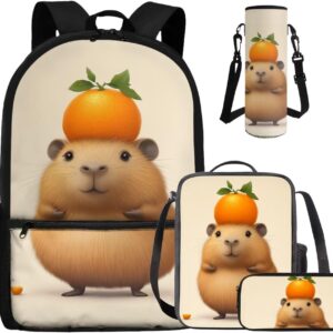 Rshubino Orange Kawaii Capybara Backpack School 17 Inch Bookbag Set with Lunch Box 4 in 1 Polyester Kids School Bag for Preschool Primary Daypack Rucksack