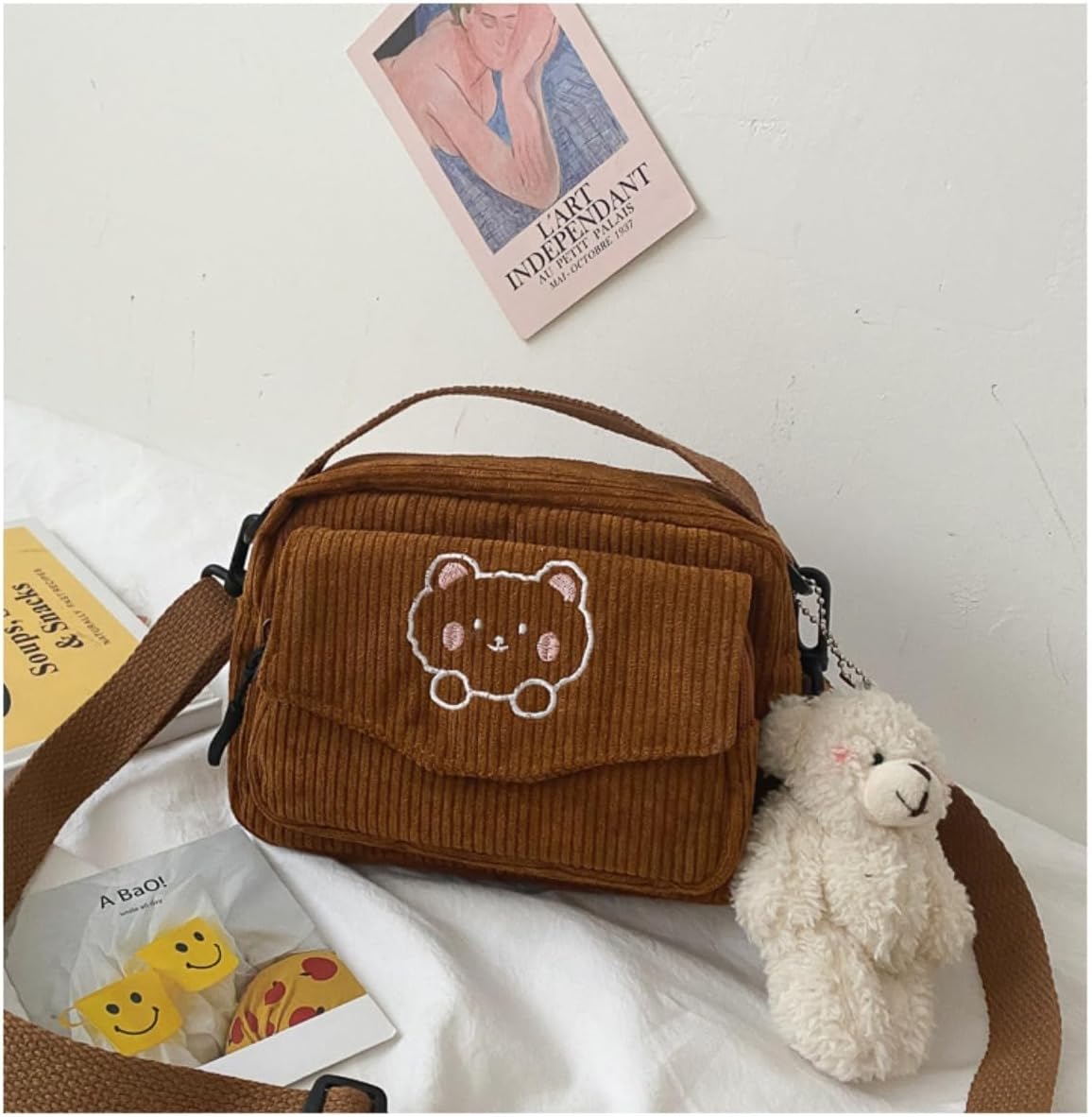 SimplCharm Corduroy Crossbody Bag for Women Cute Bear Patterned Crossbody Bag Kawaii Purse Bag - Image 2