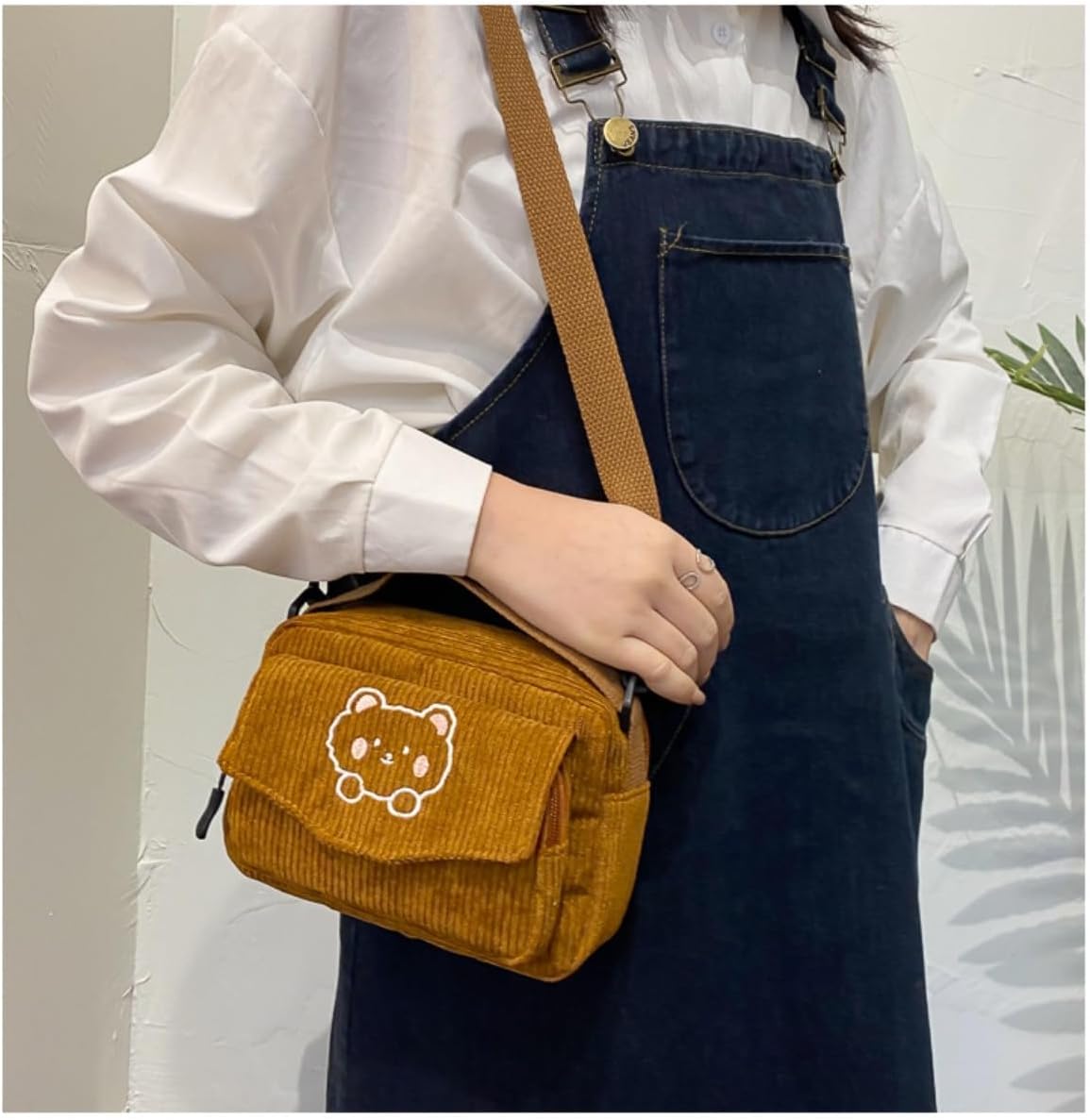 SimplCharm Corduroy Crossbody Bag for Women Cute Bear Patterned Crossbody Bag Kawaii Purse Bag - Image 6