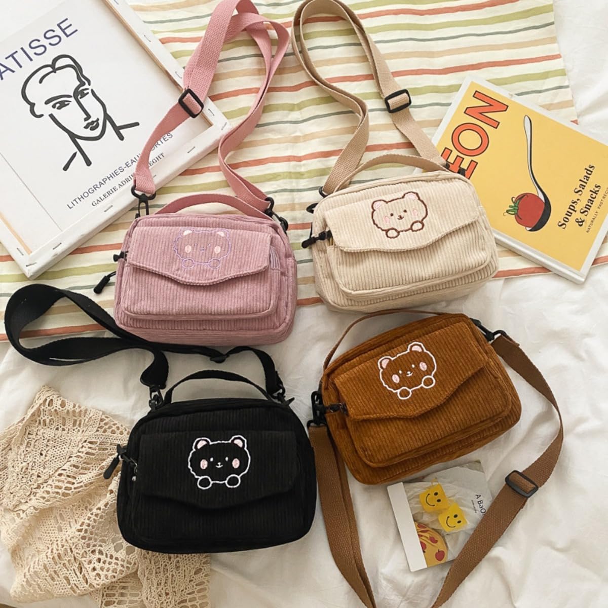 SimplCharm Corduroy Crossbody Bag for Women Cute Bear Patterned Crossbody Bag Kawaii Purse Bag - Image 7