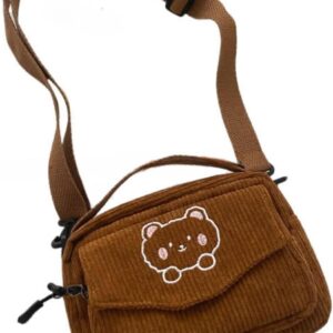 SimplCharm Corduroy Crossbody Bag for Women Cute Bear Patterned Crossbody Bag Kawaii Purse Bag