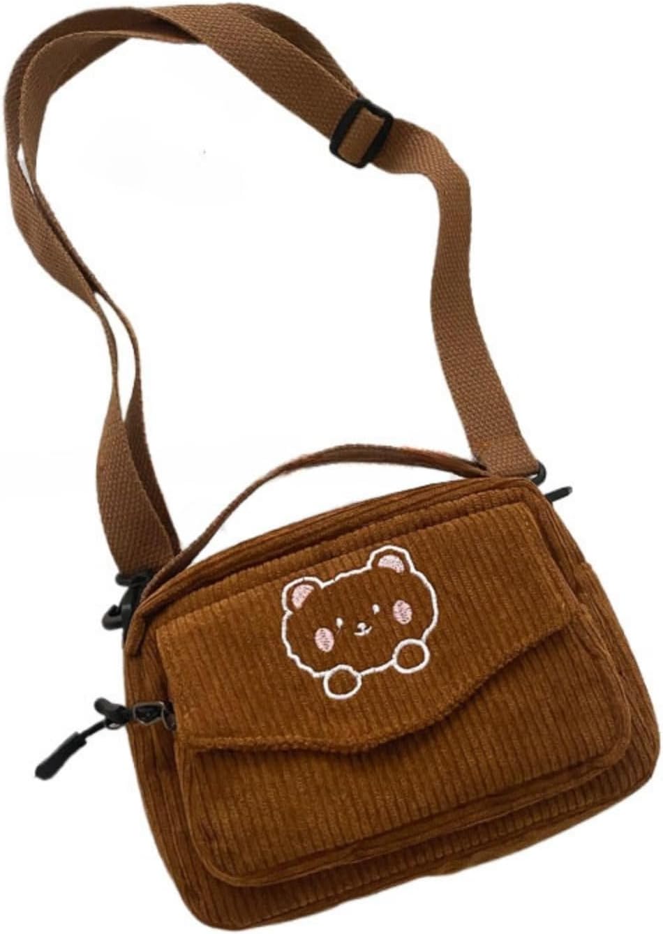 SimplCharm Corduroy Crossbody Bag for Women Cute Bear Patterned Crossbody Bag Kawaii Purse Bag