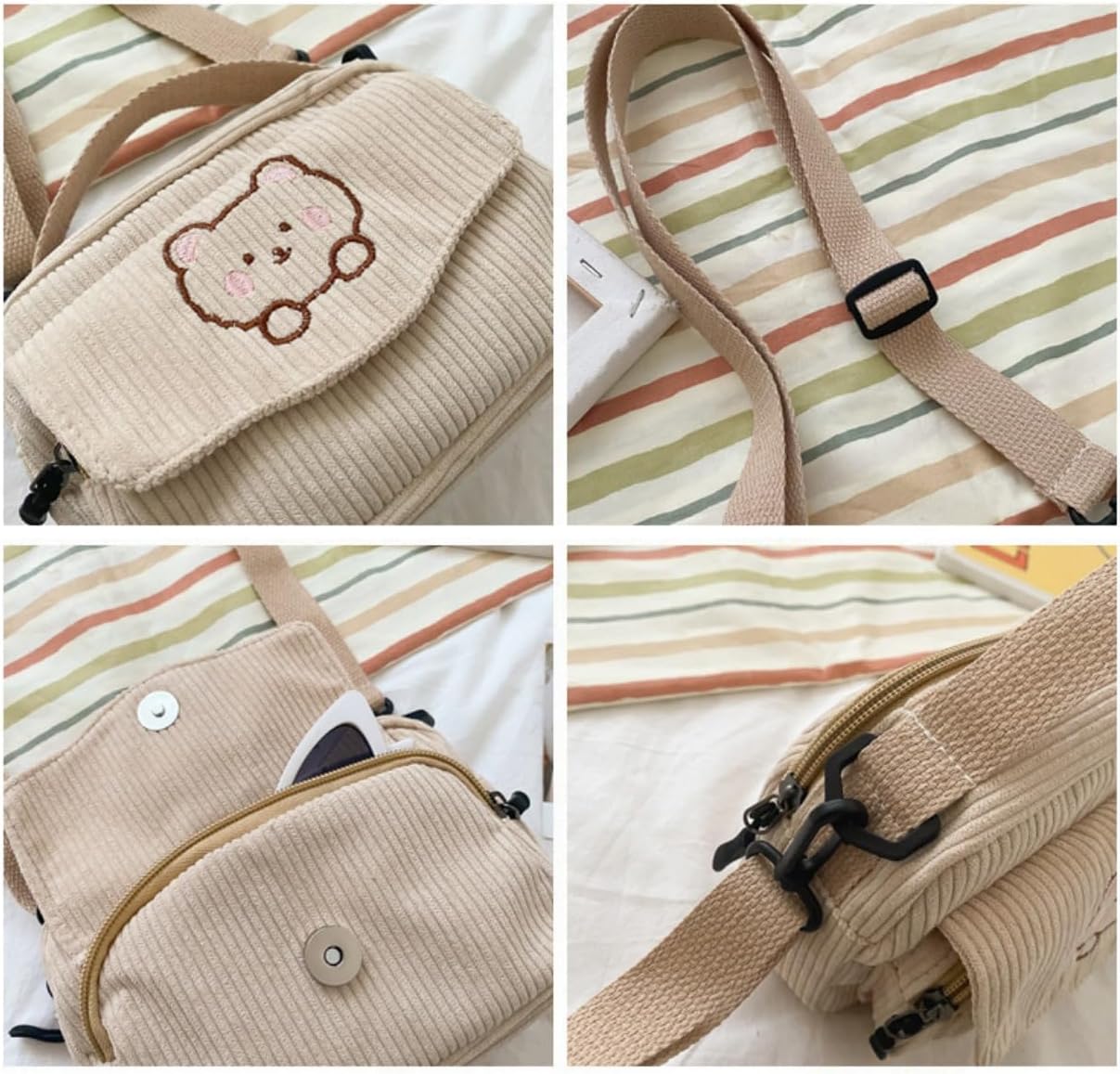 SimplCharm Corduroy Crossbody Bag for Women Cute Bear Patterned Crossbody Bag Kawaii Purse Bag - Image 3