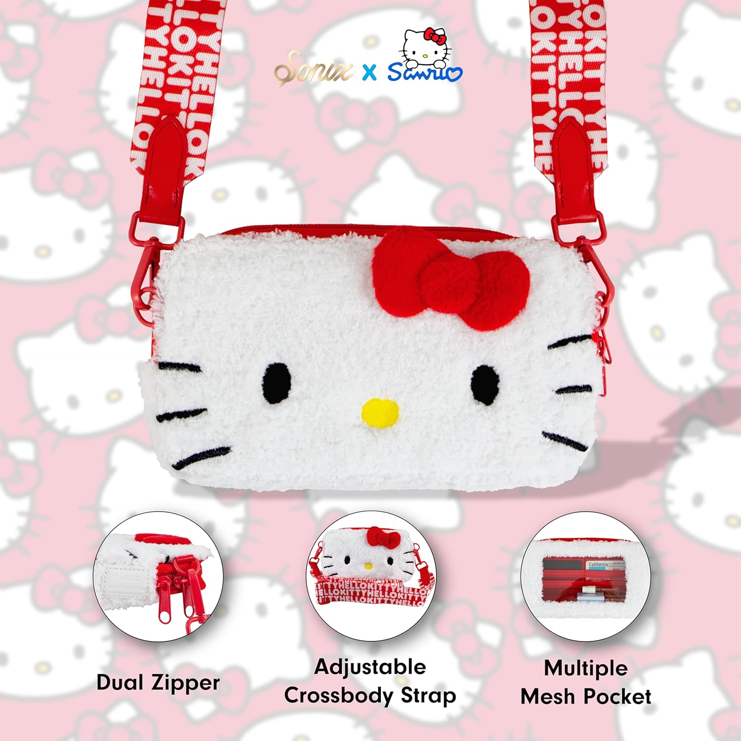 Sonix x Sanrio Plush Phone Wallet - Fuzzy Character Crossbody Bag (Hello Kitty) + AirTag Keychain Cover (Hello Kitty) - Image 6