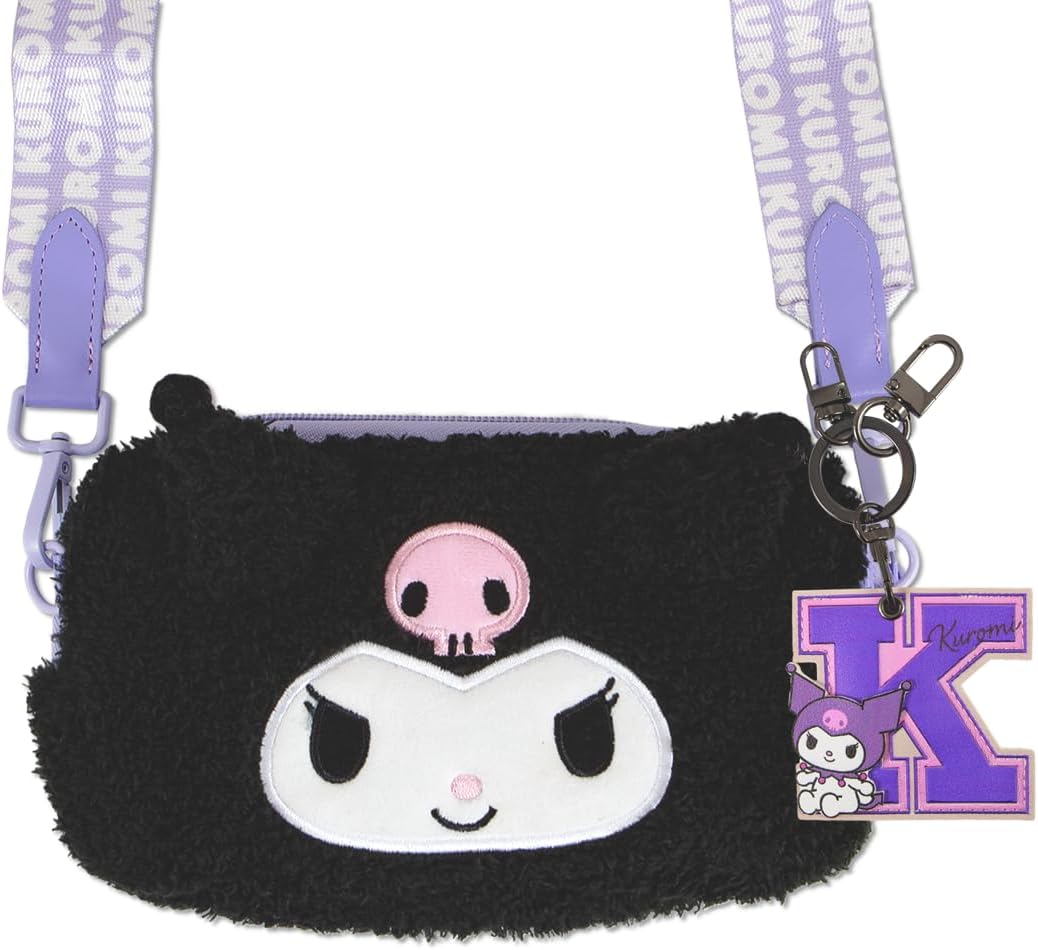 Sonix x Sanrio Plush Phone Wallet - Fuzzy Character Crossbody Bag (Kuromi) + AirTag Keychain Cover (College Letters Kuromi)
