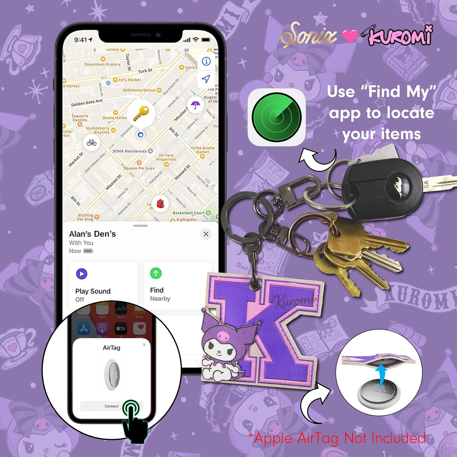 Sonix x Sanrio Plush Phone Wallet - Fuzzy Character Crossbody Bag (Kuromi) + AirTag Keychain Cover (College Letters Kuromi) - Image 7