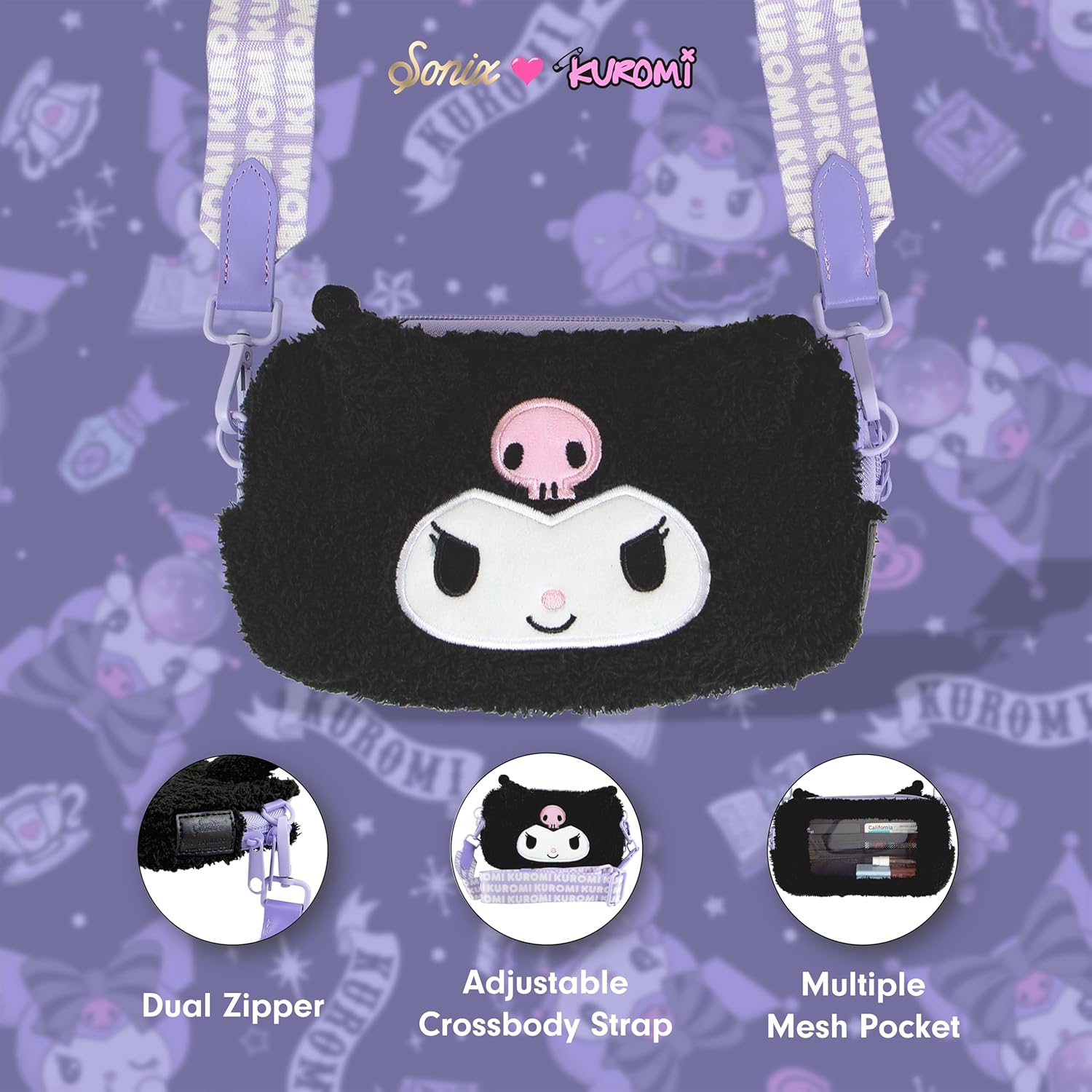 Sonix x Sanrio Plush Phone Wallet - Fuzzy Character Crossbody Bag (Kuromi) + AirTag Keychain Cover (Floral Kuromi) - Image 6