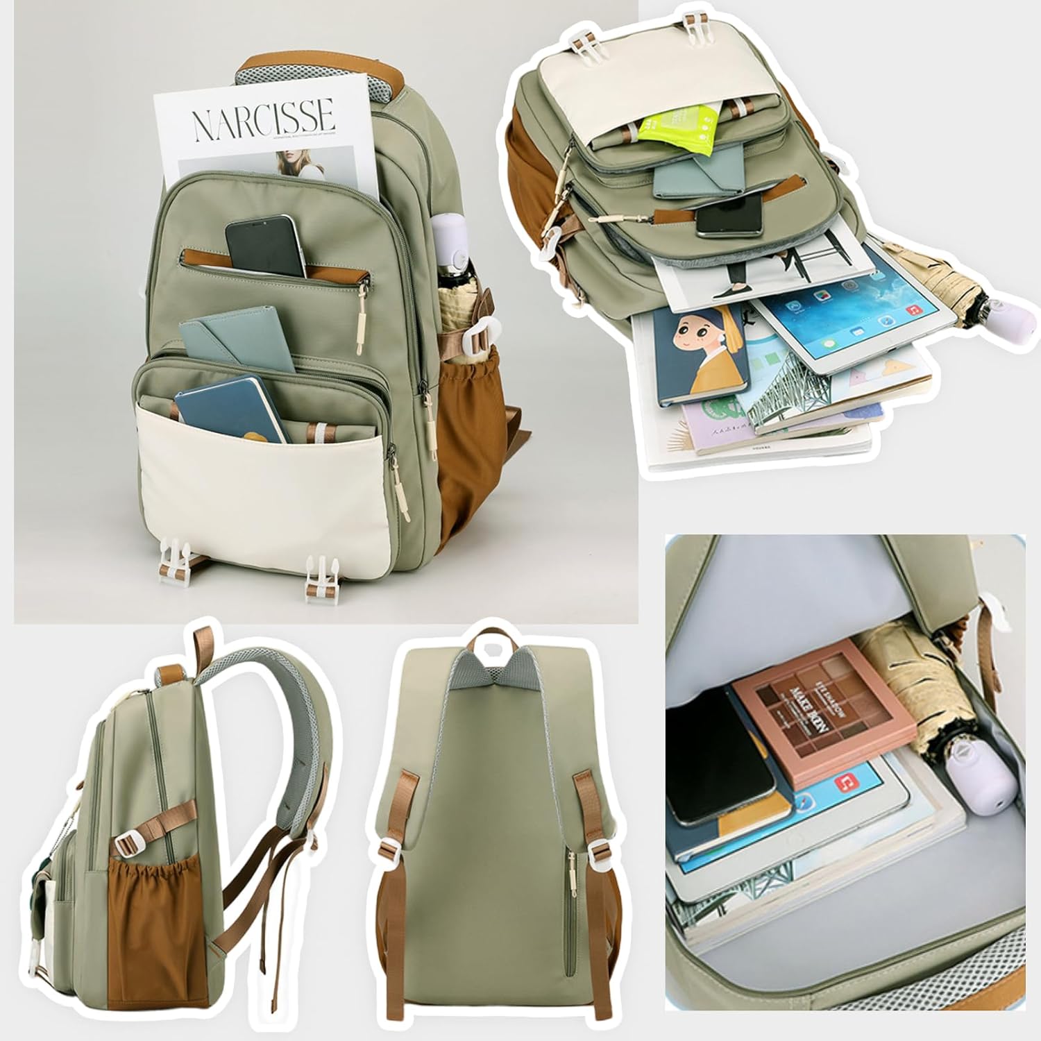 srdmuph Kawaii Backpack with Cute Accessories Pendant Travel Bag Large Outdoor Waterproof Casual Daypack Women Men (Green) - Image 4