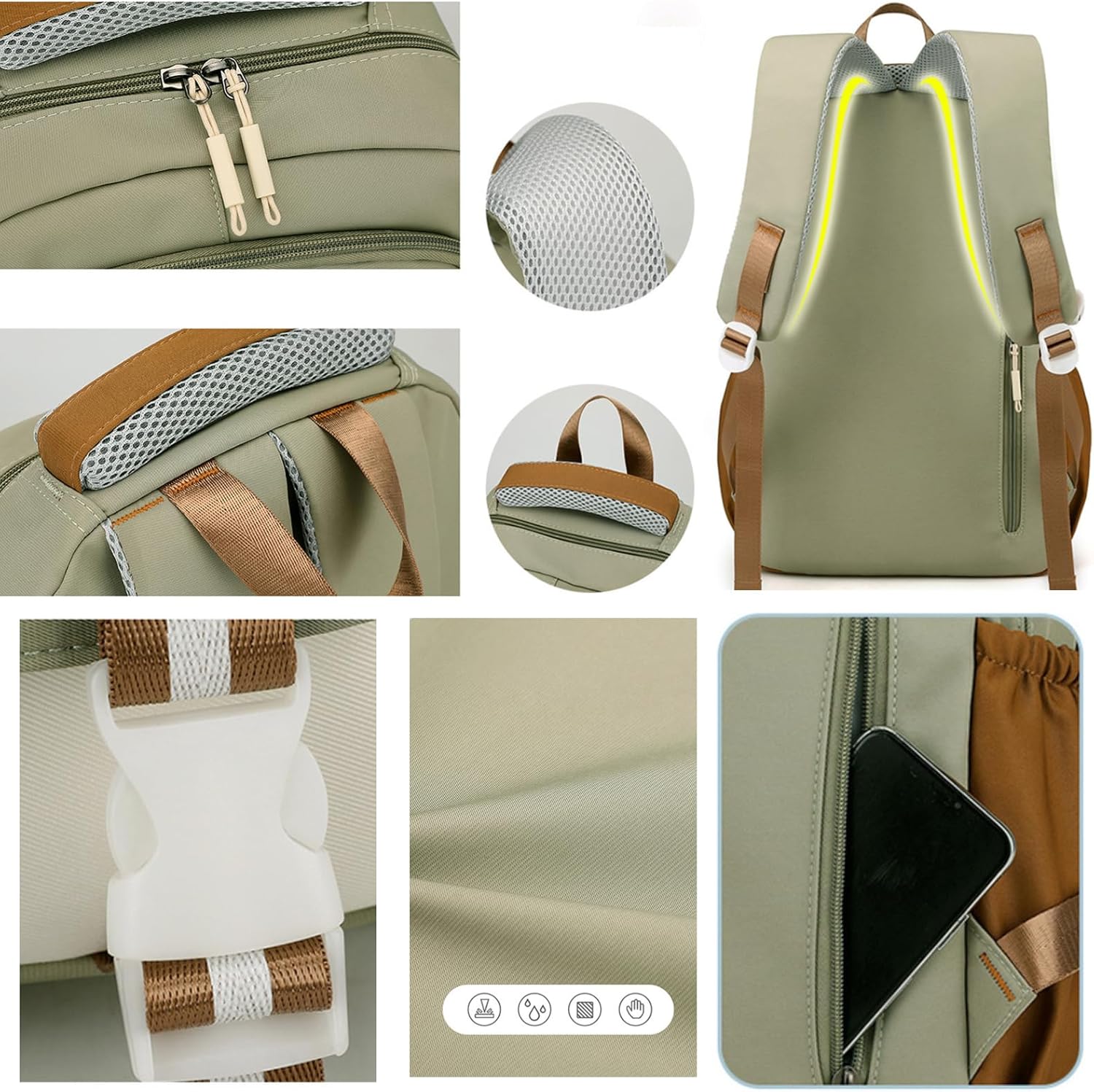 srdmuph Kawaii Backpack with Cute Accessories Pendant Travel Bag Large Outdoor Waterproof Casual Daypack Women Men (Green) - Image 5