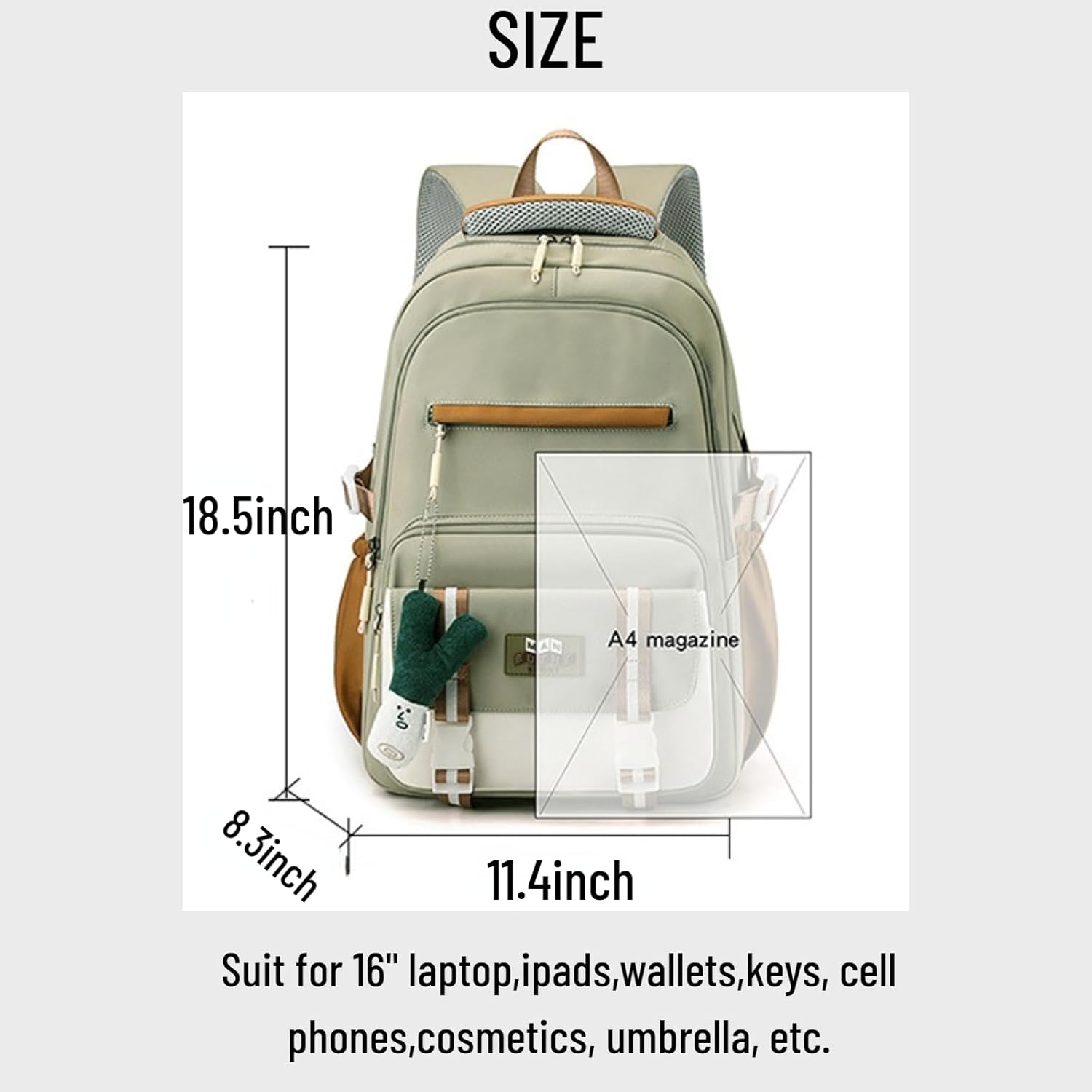 srdmuph Kawaii Backpack with Cute Accessories Pendant Travel Bag Large Outdoor Waterproof Casual Daypack Women Men (Green) - Image 2