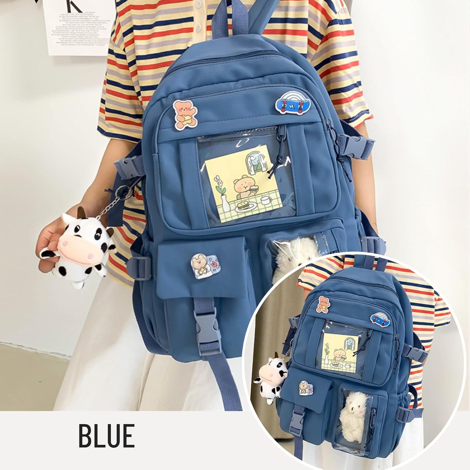 srdmuph Large Blue Kawaii Backpack Travel Laptop Bag for Women i##e##s: Cute Accessories ^^ Pin Pendant ^^ Outdoor ^^ Waterproof ^^ Casual Daypack :i##e##s - Image 2