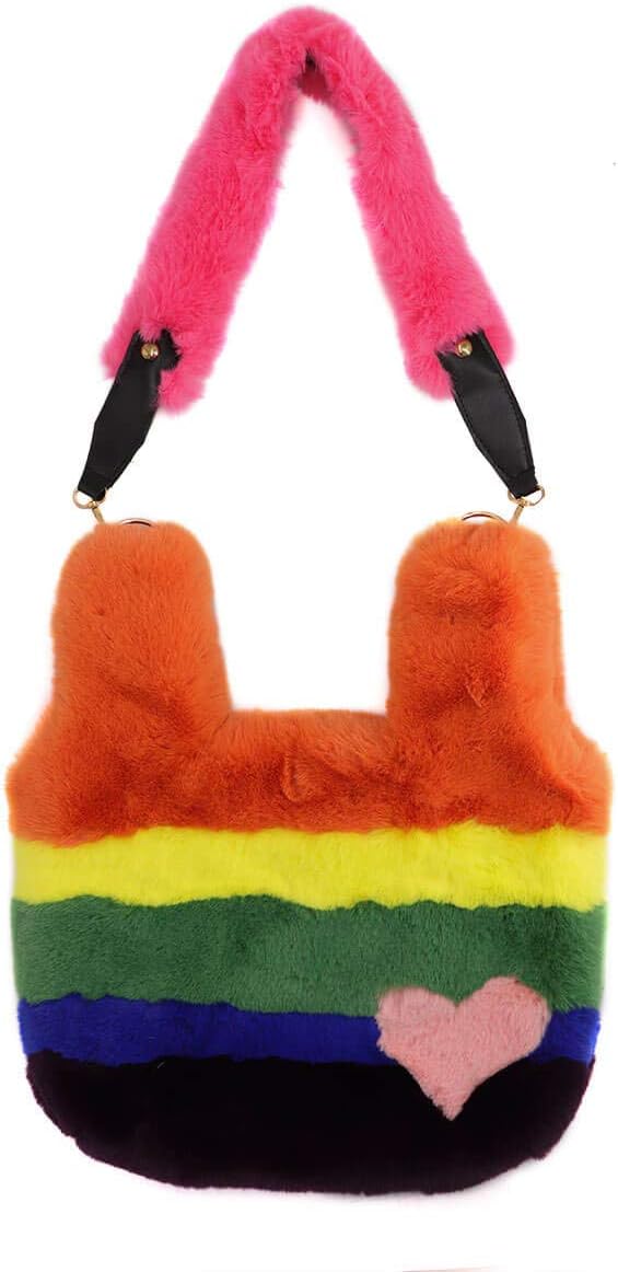 surell - Rainbow Faux Rex Rabbit Fur Shoulder Bag - LGBTQ+ Pride Tote - Cute Fluffy Soft Bag with Heart - Image 5