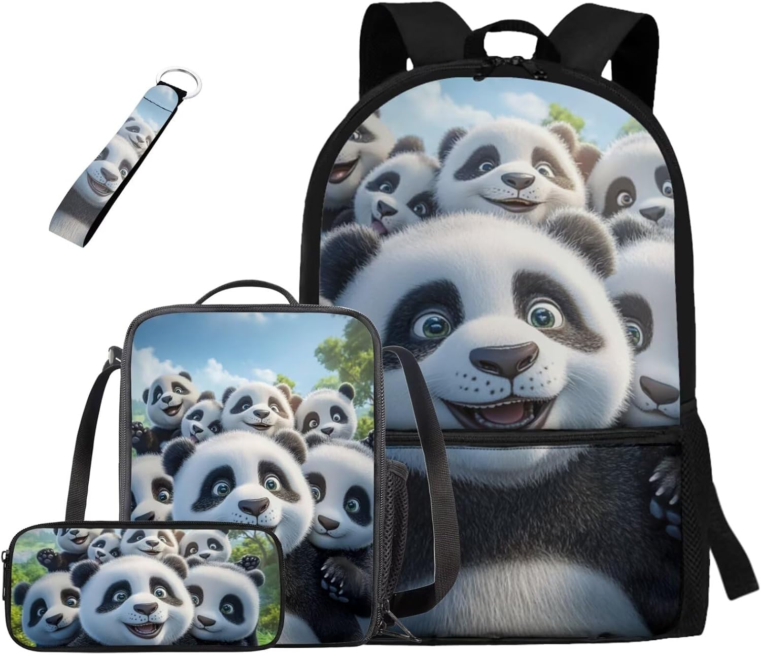 Tiasarato Panda Backpack and Lunch Box Set Kawaii Bookbag with Water Bottle Holder Cute School Bag for 6th Grade Boys 4 Pcs Elementary Book Bag with Lunchbox