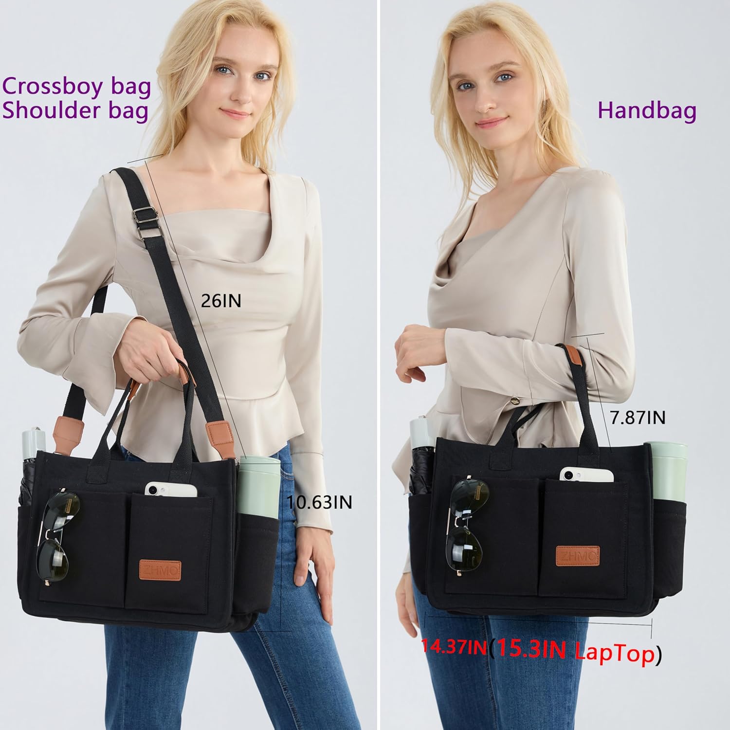 Tote Bag for Women With Compartments,Large Canvas Tote Women's Purse Crossbody Bags Work Laptop Book Bag Satchels Handbags - Image 3
