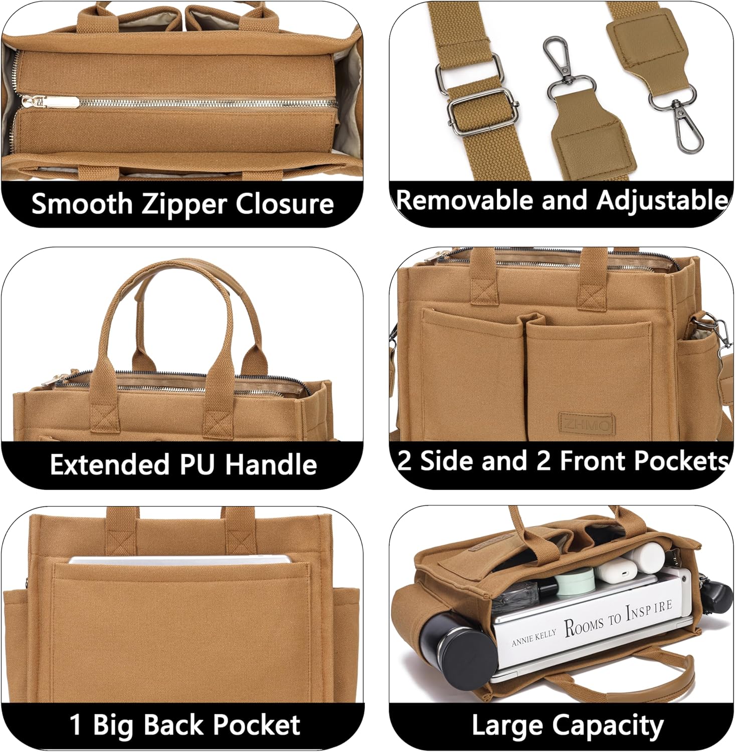 Tote Bag for Women With Compartments,Large Canvas Tote Women's Purse Crossbody Bags Work Laptop Book Bag Satchels Handbags - Image 4