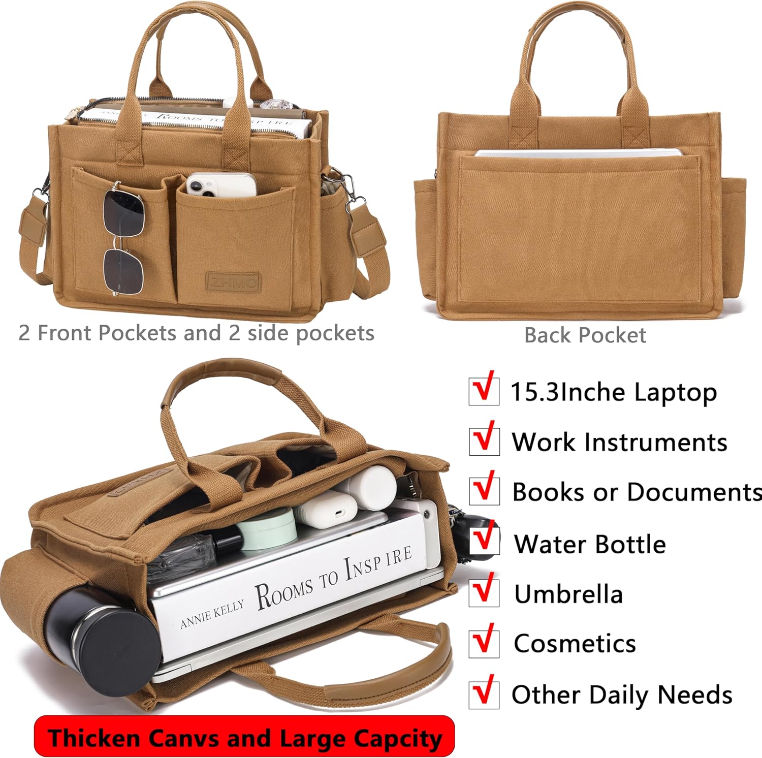 Tote Bag for Women With Compartments,Large Canvas Tote Women's Purse Crossbody Bags Work Laptop Book Bag Satchels Handbags - Image 2