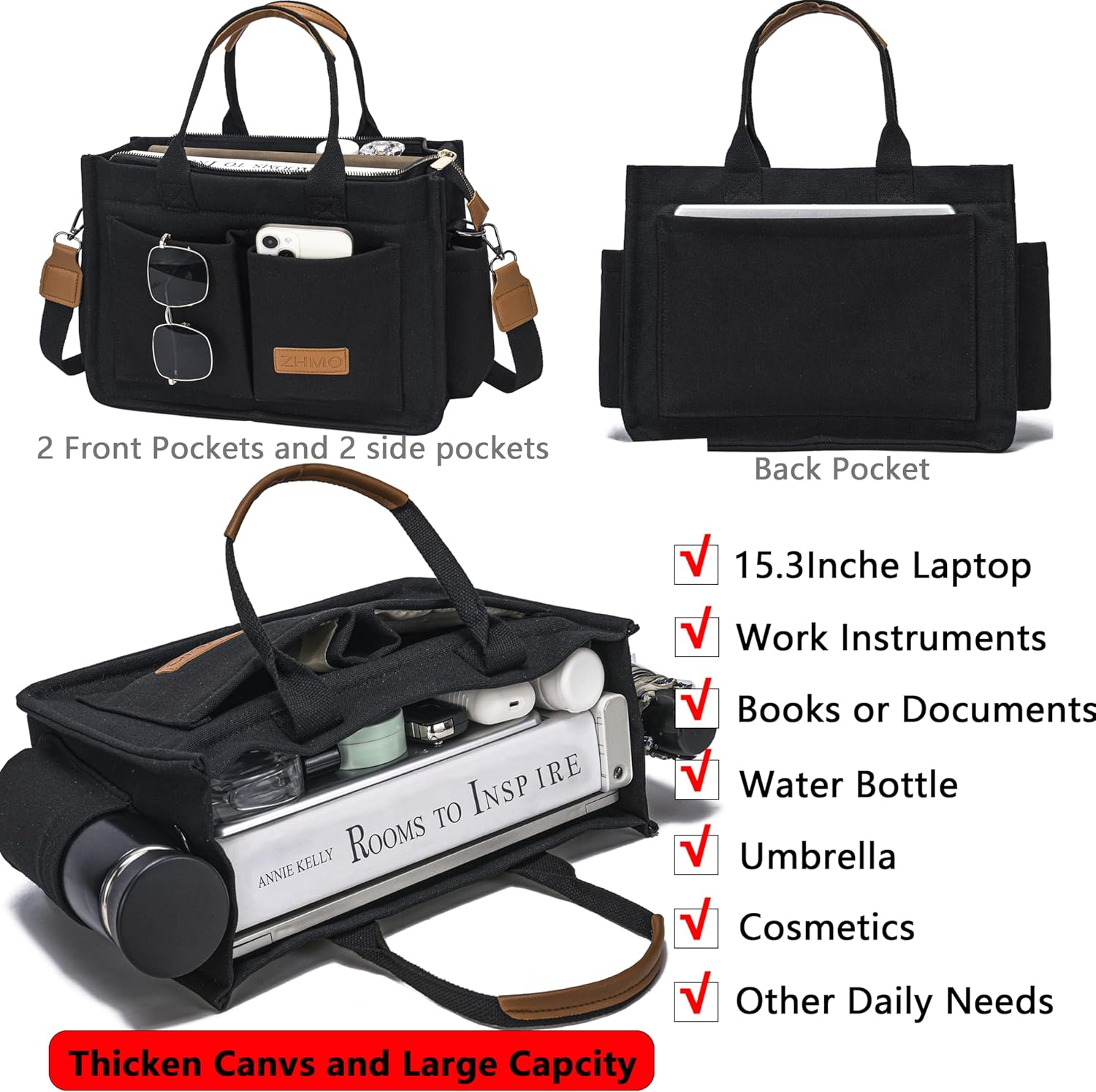 Tote Bag for Women With Compartments,Large Canvas Tote Women's Purse Crossbody Bags Work Laptop Book Bag Satchels Handbags - Image 2