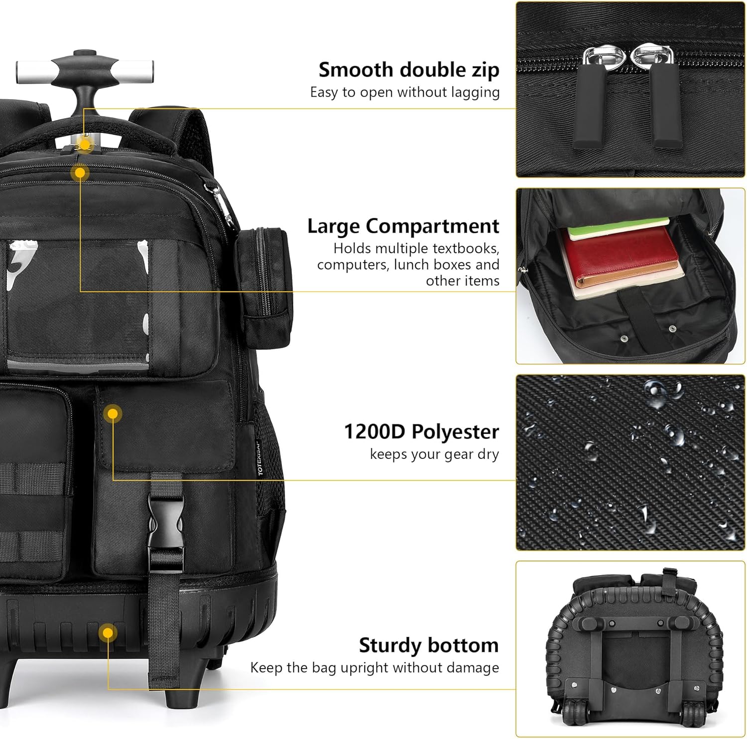 TOTEXISAP Boys Kids Rolling Backpack for Girls School, 21 Inch Rolling Bookbag Silent Wheeled, Water-Resistant Backpack with Wheels - Image 3