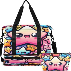 Travel Duffel Bag Kawaii Stars Gym Duffel Bag for Men & Women with Shoe & Wet Compartment Shoulder Weekender Overnight Bag