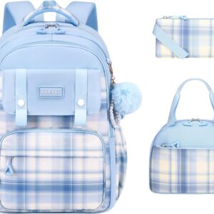 TYHOTULY 3Pcs Cute Backpack for Girls with Lunch Box & Pencil Case, Large Capacity Kids Bookbag for Elementary Middle School Students Waterproof Kawaii Preppy Aesthetic Plaid Backpack Age 4-16