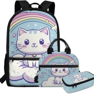 Viewamoon 3 Pcs Cartoon Cat Backpack for Girls with Lunch Box Kawaii Girls Backpacks Ages 4-6 6-8 Travel Y2K Bookbag for Kids Elementaryl School Bag Set for Kids Holder for Outdoor