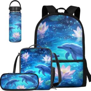 Viewamoon 4 Pieces Dolphin Backpack Set for Girls 8-10 with Lunch Box Kids Bookbag Age Preschool to 2rd Grade Kawaii Pencil Case for School Portable Water Bottle for Back to Schol Gifts
