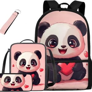 Viewamoon Cute Panda Cute Kawaii Backpack for School 4 Pieces Little Girls Bookbag with Lunch Box Lightweight Schoolbag for Elementary School Casual Rucksack
