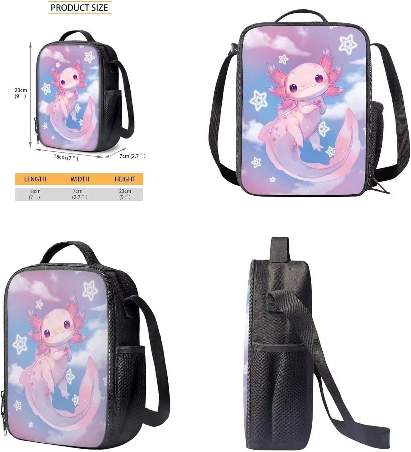 Viewamoon Kawaii Axolotl Backpack with Lunchbox Set Of 3 Y2K Bookbag Set for Kids Girls Large Capacity School Bag Set for Teen Elementary Preschool Middle School Shoulder Bag Laptop Shoulder Bag - Image 4
