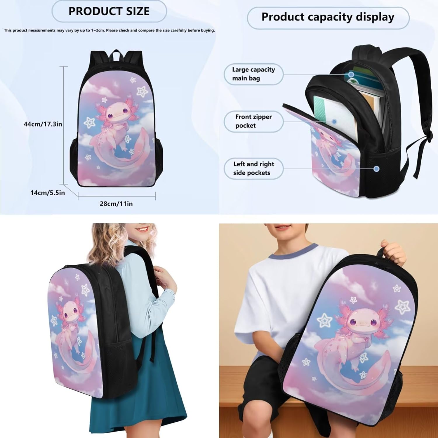 Viewamoon Kawaii Axolotl Backpack with Lunchbox Set Of 3 Y2K Bookbag Set for Kids Girls Large Capacity School Bag Set for Teen Elementary Preschool Middle School Shoulder Bag Laptop Shoulder Bag - Image 2