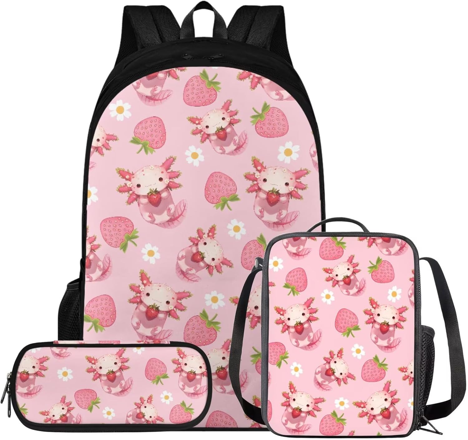 Viewamoon Kawaii Axolotl Backpack with Lunchbox Set Of 3 Y2K Bookbag Set for Kids Girls Large Capacity School Bag Set for Teen Elementary Preschool Middle School Shoulder Bag Laptop Shoulder Bag - Image 12