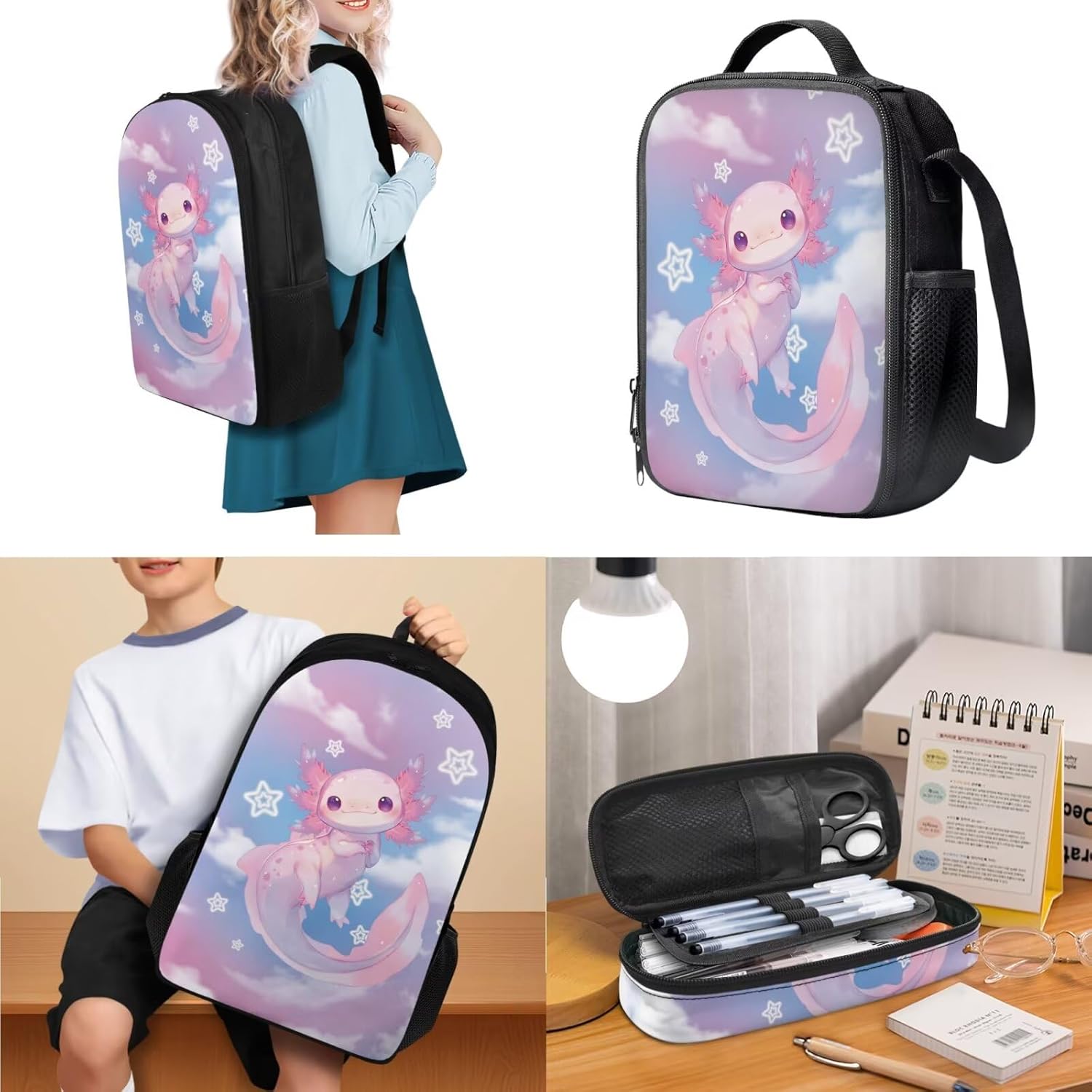 Viewamoon Kawaii Axolotl Backpack with Lunchbox Set Of 3 Y2K Bookbag Set for Kids Girls Large Capacity School Bag Set for Teen Elementary Preschool Middle School Shoulder Bag Laptop Shoulder Bag - Image 5