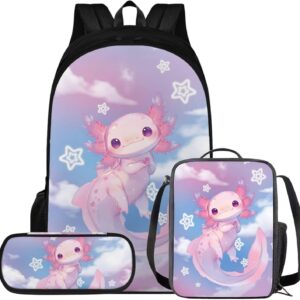 Viewamoon Kawaii Axolotl Backpack with Lunchbox Set Of 3 Y2K Bookbag Set for Kids Girls Large Capacity School Bag Set for Teen Elementary Preschool Middle School Shoulder Bag Laptop Shoulder Bag