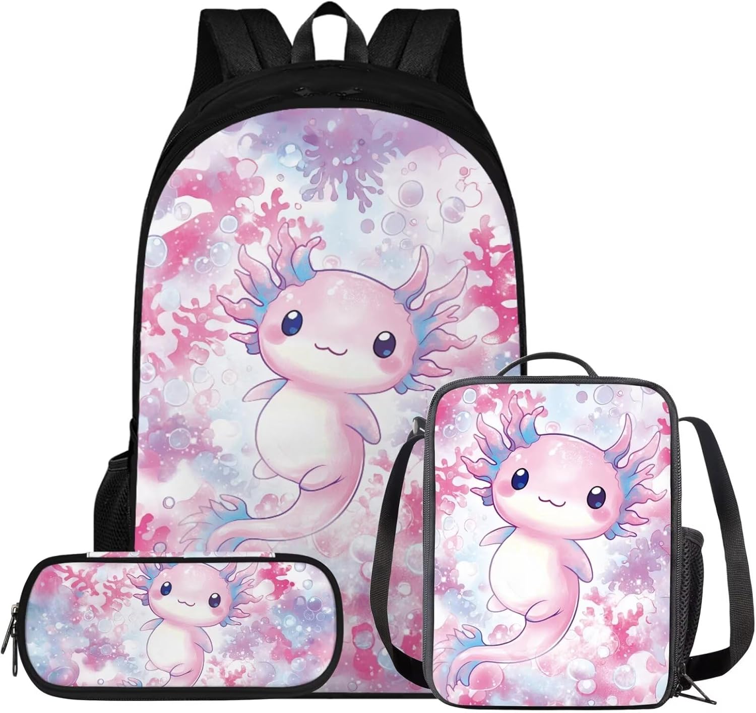 Viewamoon Kawaii Axolotl Backpack with Lunchbox Set Of 3 Y2K Bookbag Set for Kids Girls Large Capacity School Bag Set for Teen Elementary Preschool Middle School Shoulder Bag Laptop Shoulder Bag - Image 13