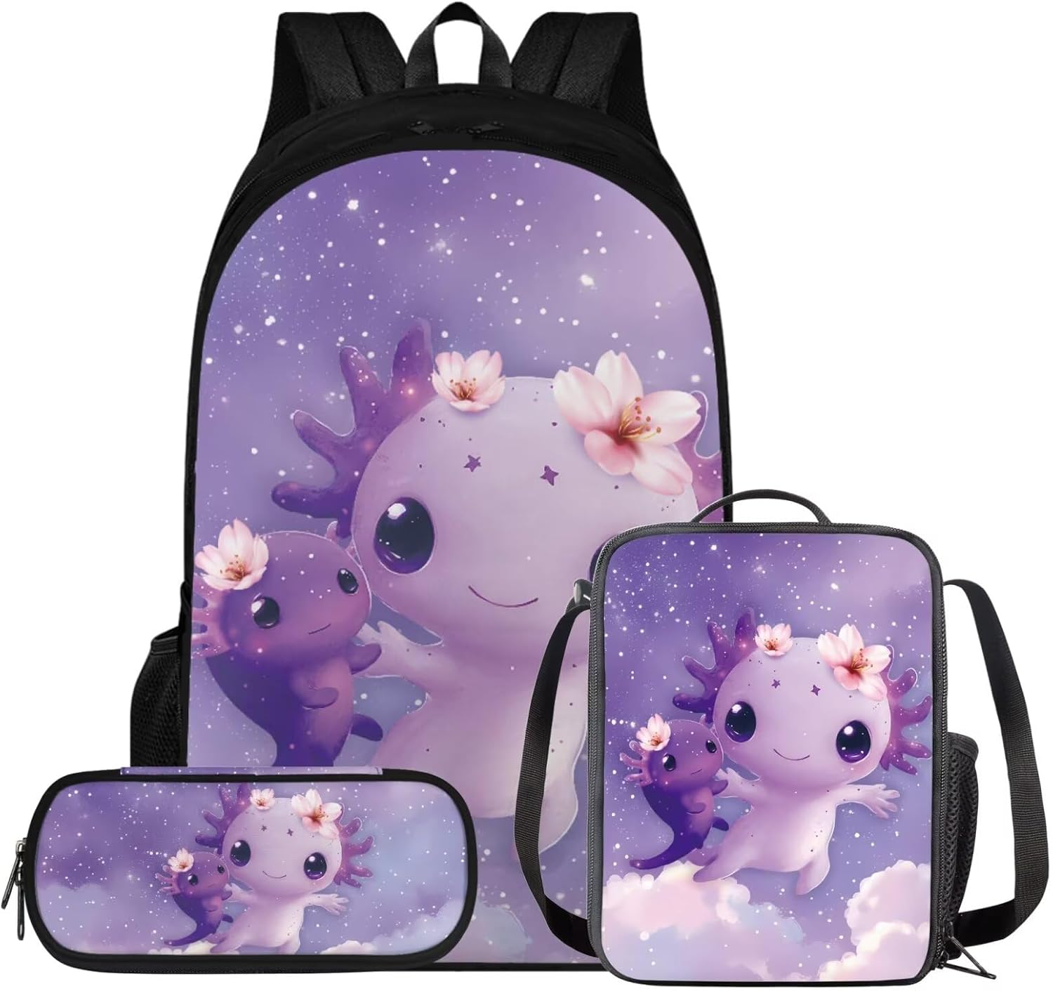 Viewamoon Kawaii Axolotl Backpack with Lunchbox Set Of 3 Y2K Bookbag Set for Kids Girls Large Capacity School Bag Set for Teen Elementary Preschool Middle School Shoulder Bag Laptop Shoulder Bag - Image 9