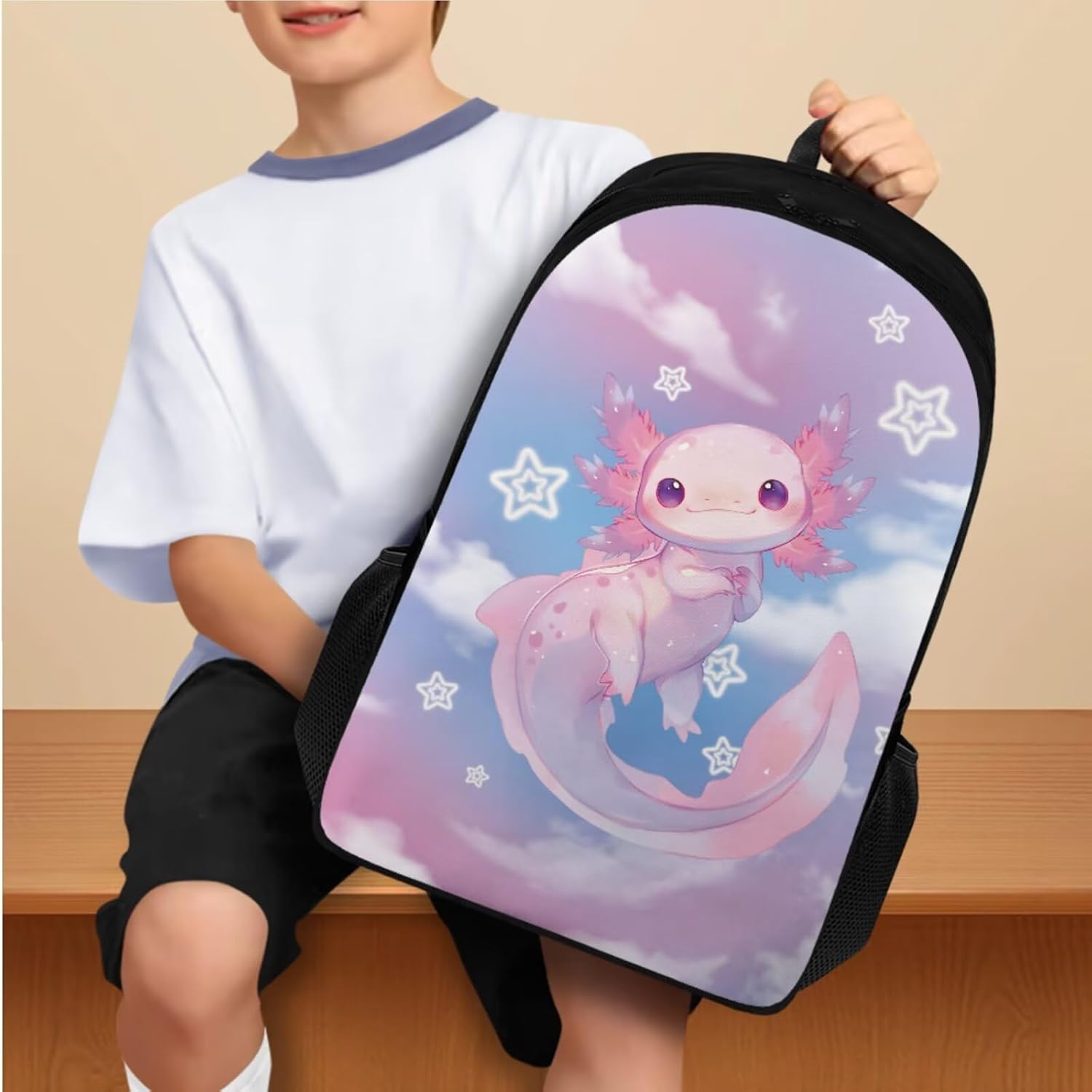 Viewamoon Kawaii Axolotl Backpack with Lunchbox Set Of 3 Y2K Bookbag Set for Kids Girls Large Capacity School Bag Set for Teen Elementary Preschool Middle School Shoulder Bag Laptop Shoulder Bag - Image 6