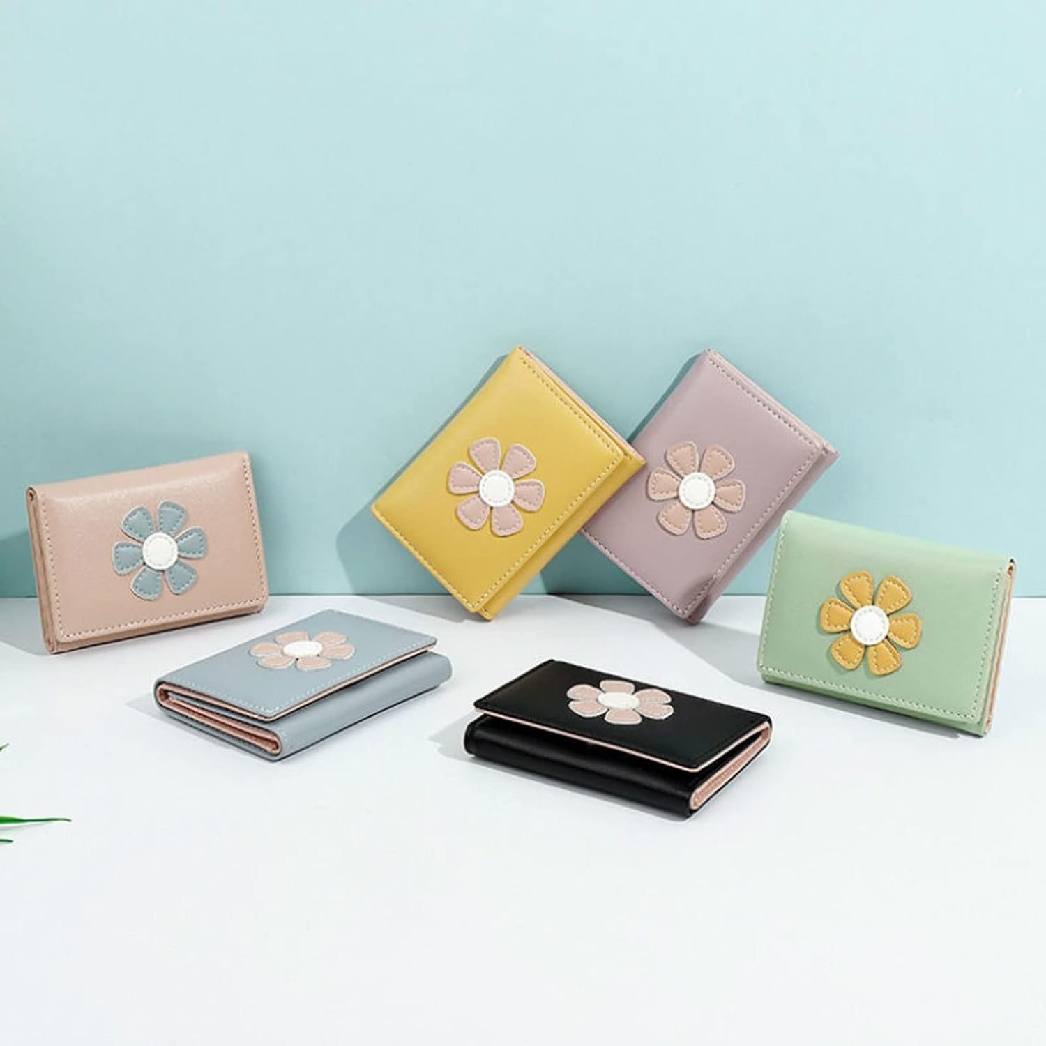 Womens wallet Wallets Women Floral Appliques Sweet Kawaii Card Holder Girls Purse Korean Style Money Bag Fashion Stylish Mini Wallet Ulzzang(Blue) - Image 2