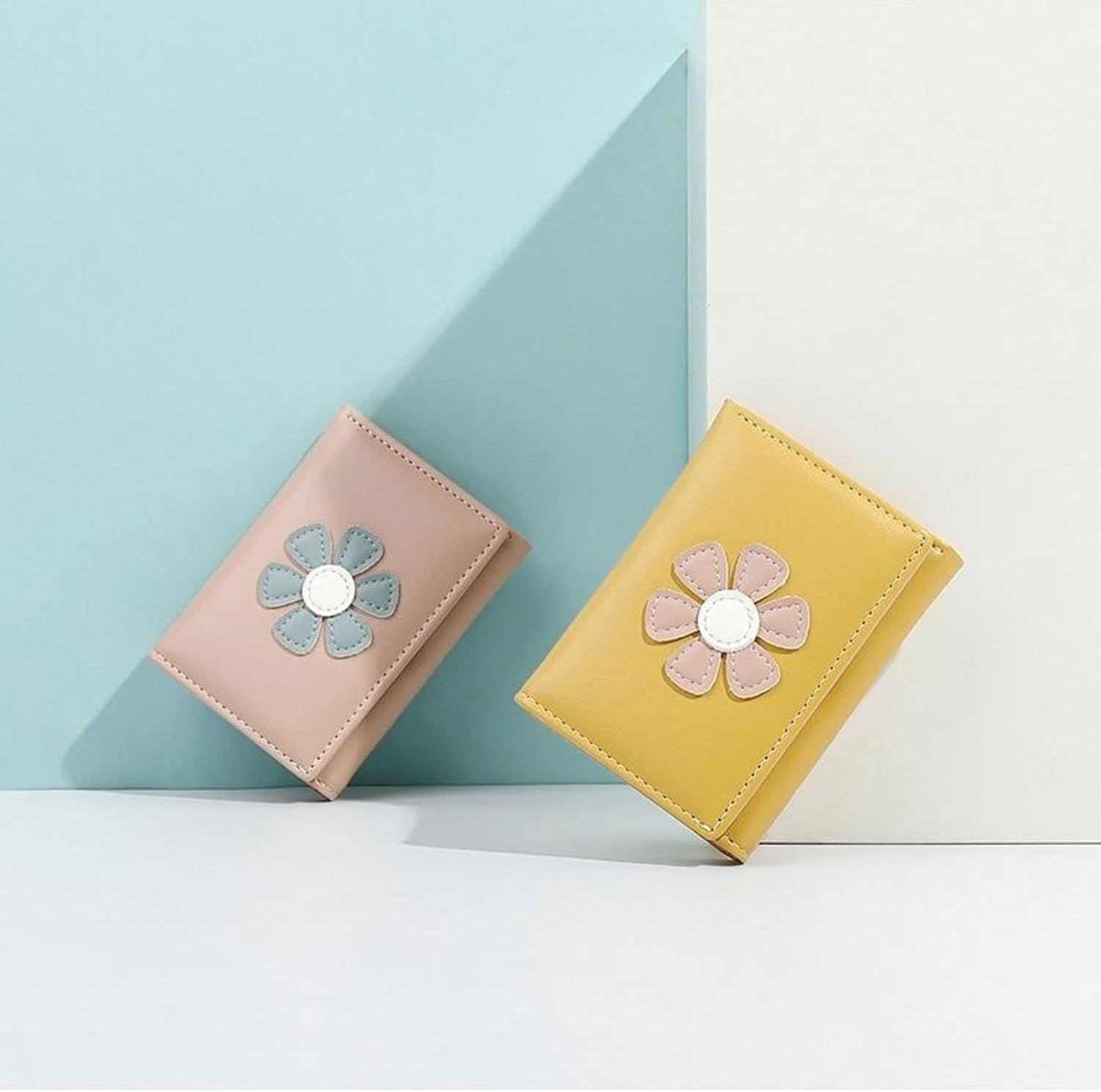 Womens wallet Wallets Women Floral Appliques Sweet Kawaii Card Holder Girls Purse Korean Style Money Bag Fashion Stylish Mini Wallet Ulzzang(Blue) - Image 7